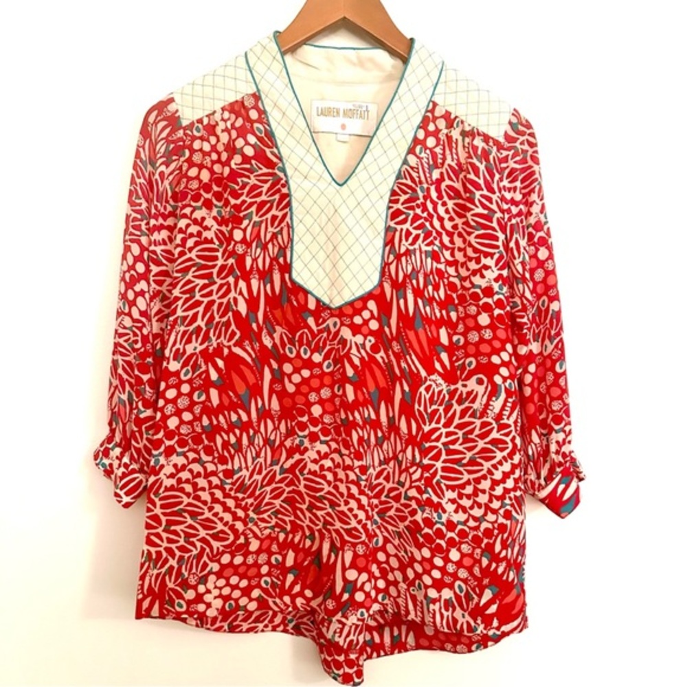 Lauren Moffatt Red Floral V-Neck Blouse